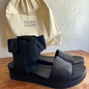 Eileen Fisher women size 10 platform Spree Sport black leather, mesh ankle strap